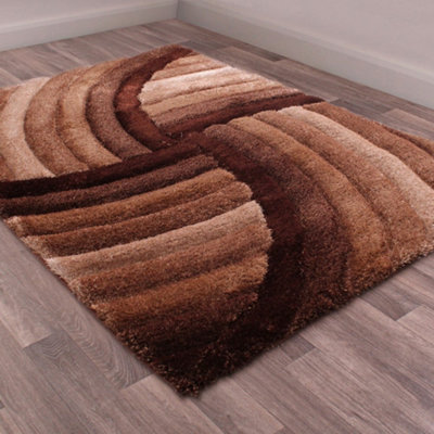 Brown Easy to Clean Optical/(3D) Modern Shaggy Sparkle Abstract Rug for Living Room, Bedroom - 60cm X 110cm