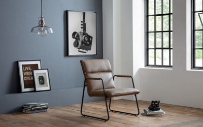 Brown Faux Leather Armchair with Black Metal Frame