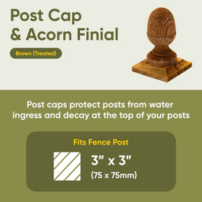 Brown Fence Post Cap & Acorn Finial 100 x 100mm - Fits 3 x 3" Square Posts (FREE DELIVERY)