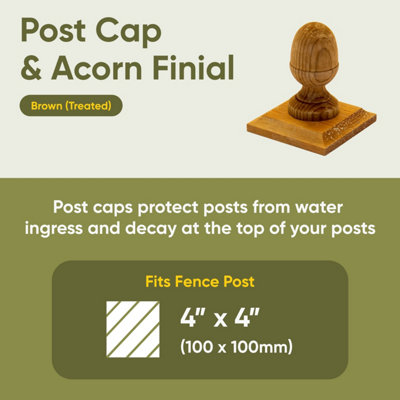 Brown Fence Post Cap & Acorn Finial 120 x 120mm - Fits 4 x 4" Square Posts (FREE DELIVERY)