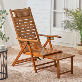 Brown Foldable Adjustable Balcony Wooden Bamboo Chair Lounge Chair Outdoor & Garden Sunloungers
