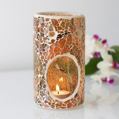 Brown Glass Pillar Shaped Oil, Wax Melt Burner. Mirrored Crackle Effect. H14.5 cm