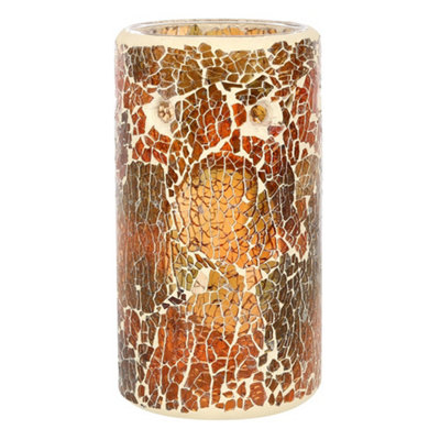 Brown Glass Pillar Shaped Oil, Wax Melt Burner. Mirrored Crackle Effect. H14.5 cm