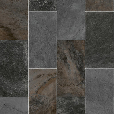 Brown & Grey Stone Effect Anti-Slip Vinyl Flooring For LivingRoom, Kitchen, 2.3mm Vinyl Sheet-1m(3'3") X 3m(9'9")-3m²