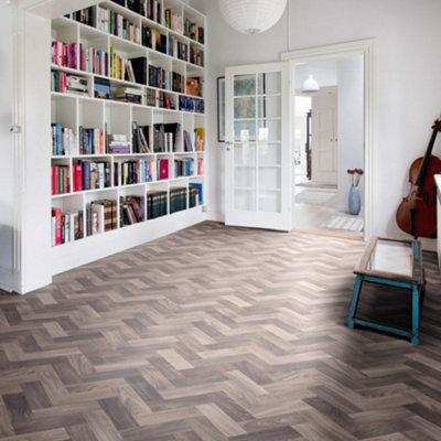 Brown Herringbone Wood Effect Vinyl Flooring For LivingRoom, Kitchen, 2.8mm Vinyl Sheet-4m(13'1") X 3m(9'9")-12m²