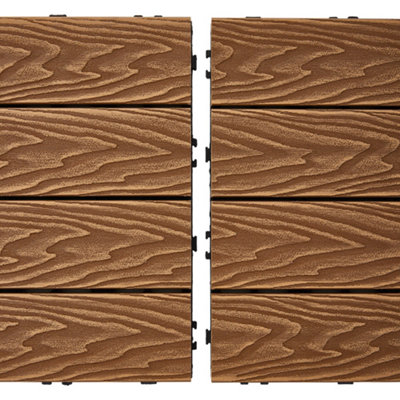 Brown Interlock Click Deck Tiles Set in Durable Natural Wood Grain Design 30cm W x 30cm D, 11Pcs /Pack