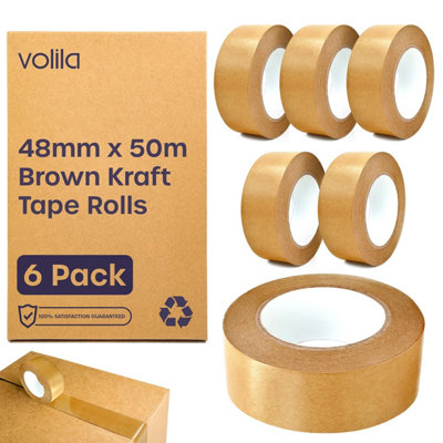 Brown Kraft Paper Tape - 6 Pack Heavy Duty Recyclable Packaging Tape for Moving, Boxes, and Framing (48mm)