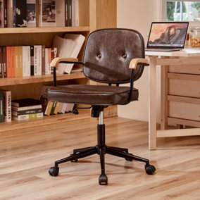 Brown Leather Ergonomic Office Chair with Wood Armrests