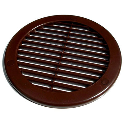 Brown Louvred Wall Vent Grille with Flyscreen and Screw Covers, 100 mm / 4 in, Air Ventilation Duct Cover with Flat Back