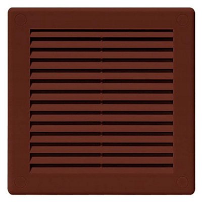 Brown Louvred Wall Vent Grille with Flyscreen and Screw Covers, 100 x 100 mm, Air Ventilation Duct Cover with Flat Back