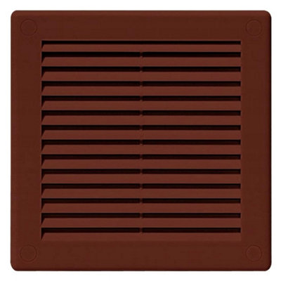Brown Louvred Wall Vent Grille with Flyscreen and Screw Covers, 150 x 150 mm, Air Ventilation Duct Cover with Flat Back