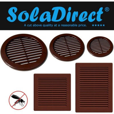 Brown Louvred Wall Vent Grille with Flyscreen and Screw Covers, 150 x 150 mm, Air Ventilation Duct Cover with Flat Back