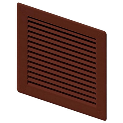 Brown Louvred Wall Vent Grille with Flyscreen and Screw Covers, 150 x 150 mm, Air Ventilation Duct Cover with Flat Back