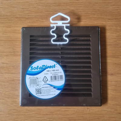 Brown Louvred Wall Vent Grille with Flyscreen and Screw Covers, 150 x 150 mm, Air Ventilation Duct Cover with Flat Back