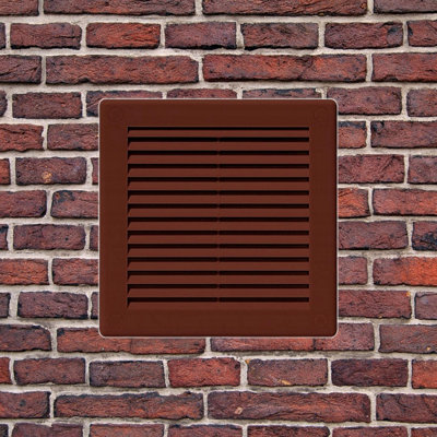 Brown Louvred Wall Vent Grille with Flyscreen and Screw Covers, 150 x 150 mm, Air Ventilation Duct Cover with Flat Back