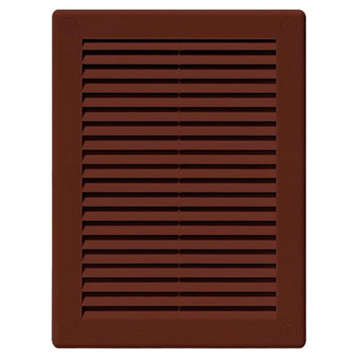 Brown Louvred Wall Vent Grille with Flyscreen and Screw Covers, 150 x 200 mm, Air Ventilation Duct Cover with Flat Back