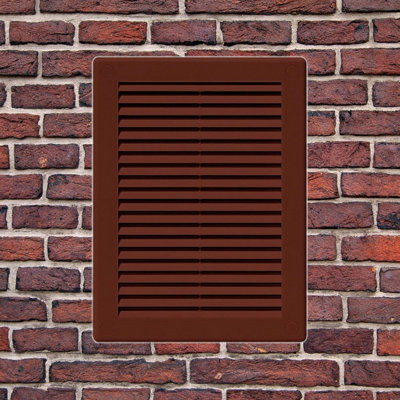 Brown Louvred Wall Vent Grille with Flyscreen and Screw Covers, 150 x 200 mm, Air Ventilation Duct Cover with Flat Back