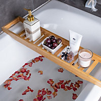 Brown Luxury Bamboo Bathtub Caddy Tray Wood Bath Tray Placed Book Tablet Smartphone Wine Holder 70cm