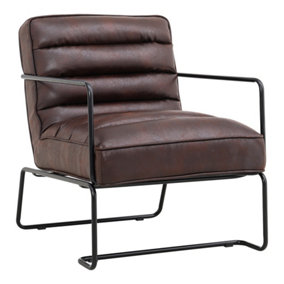 Brown Mid-Century Armchair PU Leather Upholstered Accent Chair with Metal Legs and Armrest