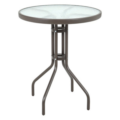 Brown Modern Round Metal Garden Table with Tempered Glass Tabletop 60cm