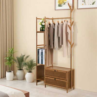 Brown Multifunctional Wooden Drawer Coat Rack 81cm W x 30cm D x 161cm H