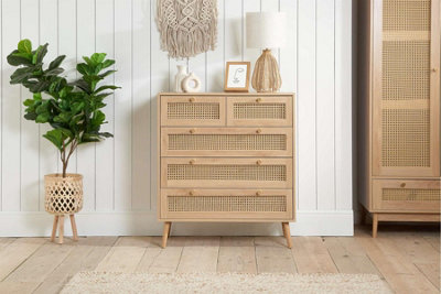 Brown Oak Chest of 5 Drawers Rattan Mid Century Modern