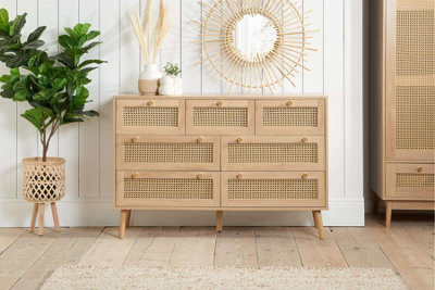 Brown Oak Chest of 7 Drawers Rattan Mid Century Modern