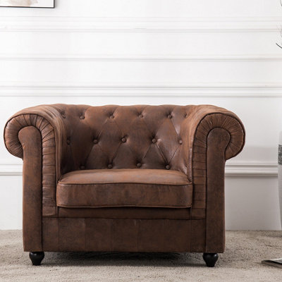 Brown PU Leather Chesterfield 1 Seat Sofa Couch Tub Chair Armchair