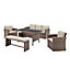 Brown Rattan Cream Cushions 5 Piece Garden Sofa Chairs Bench Glass Top Table