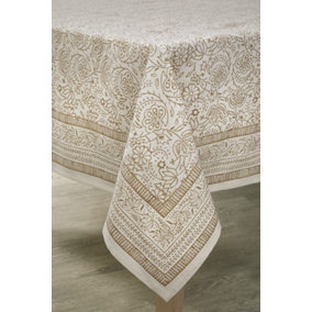 Brown Rectangular Cotton Tablecloth - Machine Washable Indian Hand Printed Floral Design Table Cover - Measures 178 x 132cm