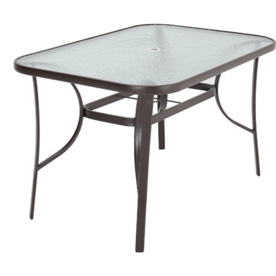 Brown Rectangular Tempered Glass Tabletop Metal Outdoor Garden Coffee Table with Parasol Hole 120cm