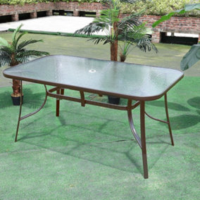 Brown Rectangular Tempered Glass Tabletop Metal Outdoor Garden Coffee Table with Parasol Hole 150cm