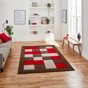 Brown Red Chequered Modern Geometric Bordered Rug for Living Room Bedroom and Dining Room-120cm X 170cm