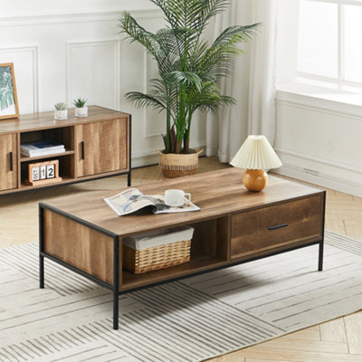 Brown Retro Metal Frame Coffee Table with Drawers 123cm (W) x 60cm (D) x 40cm (H)