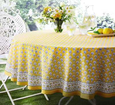 Brown Round Cotton Tablecloth - Machine Washable Indian Hand Printed Floral Design Table Cover - Measures 178cm Diameter