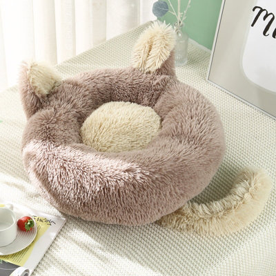 Brown Round Plush Pet Dog Cat Calming Bed with Cute Ears 60 cm