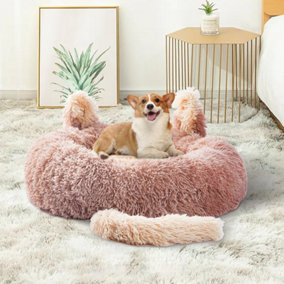 Brown Round Plush Pet Dog Cat Calming Bed with Cute Ears 70 cm