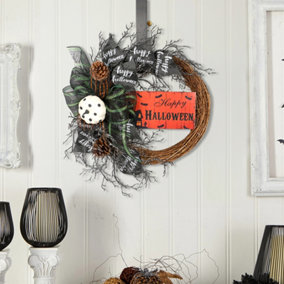 Brown Round Simulated Halloween Wreath Wall Hanging Decoration with Bows Dia 40cm