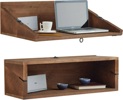 Brown Rustic Pine Wood Wall Mounted Desk (23.5x79x48 cm), Space Saving and Functional Wooden Working Fold Up Desk - Floating Shelf