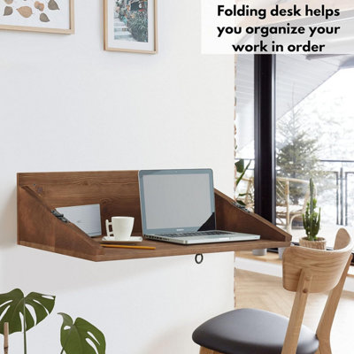 Brown Rustic Pine Wood Wall Mounted Desk (23.5x79x48 cm), Space Saving and Functional Wooden Working Fold Up Desk - Floating Shelf