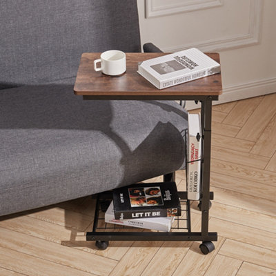 Brown Simple C Shape Adjustable Height Mobile Metal Side Table on Wheels