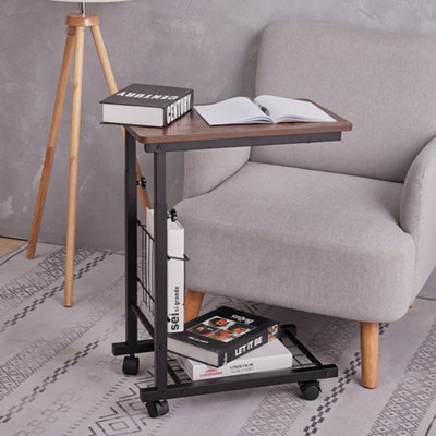 Brown Simple C Shape Adjustable Height Mobile Metal Side Table on Wheels