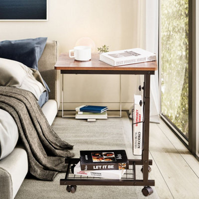 Brown Simple C Shape Adjustable Height Mobile Metal Side Table on Wheels