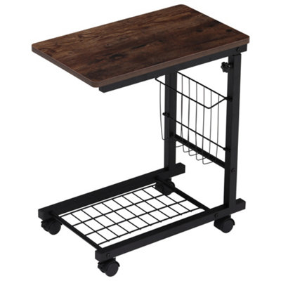 Brown Simple C Shape Adjustable Height Mobile Metal Side Table on Wheels