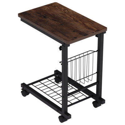 Brown Simple C Shape Adjustable Height Mobile Metal Side Table on Wheels