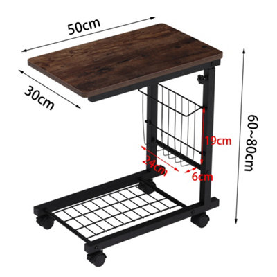 Brown Simple C Shape Adjustable Height Mobile Metal Side Table on Wheels