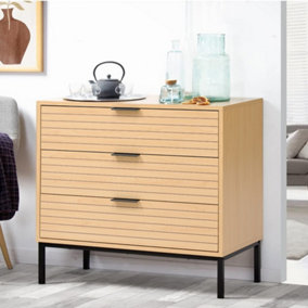 Brown Slatted Effect 3 Drawers Chest Bedside Table Bedroom Dresser Cabinet H 690 x W 720 x D 400 mm