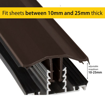 Brown Snapdown Rafter Supported TGlaze Glazing Bar for 10, 16 and 25mm Polycarbonate Roofing Sheets - 2.5m