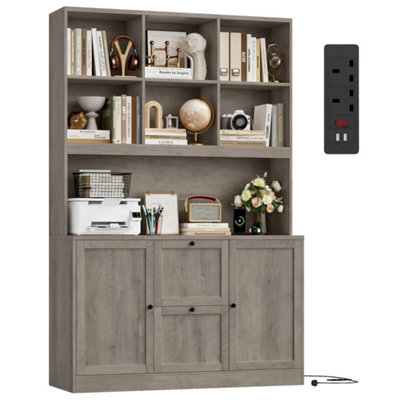 brown Tall Bookcase with Power Outlets Filing Cabinet with Drawers for ...