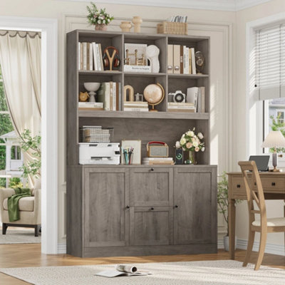 brown Tall Bookcase with Power Outlets Filing Cabinet with Drawers for ...